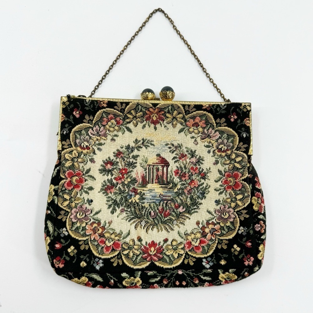 ✅ VINTAGE Walborg French Tapestry Purse Garden Scene WITH Chain 1940-1950'S